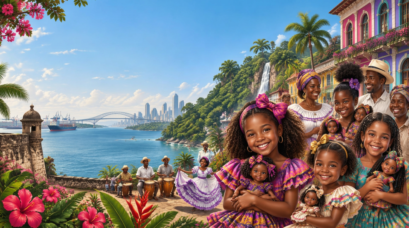 Afro-Panamanian girls holding brown dolls with Colón architecture, rainforest, waterfall, harbor, and the Panama City skyline